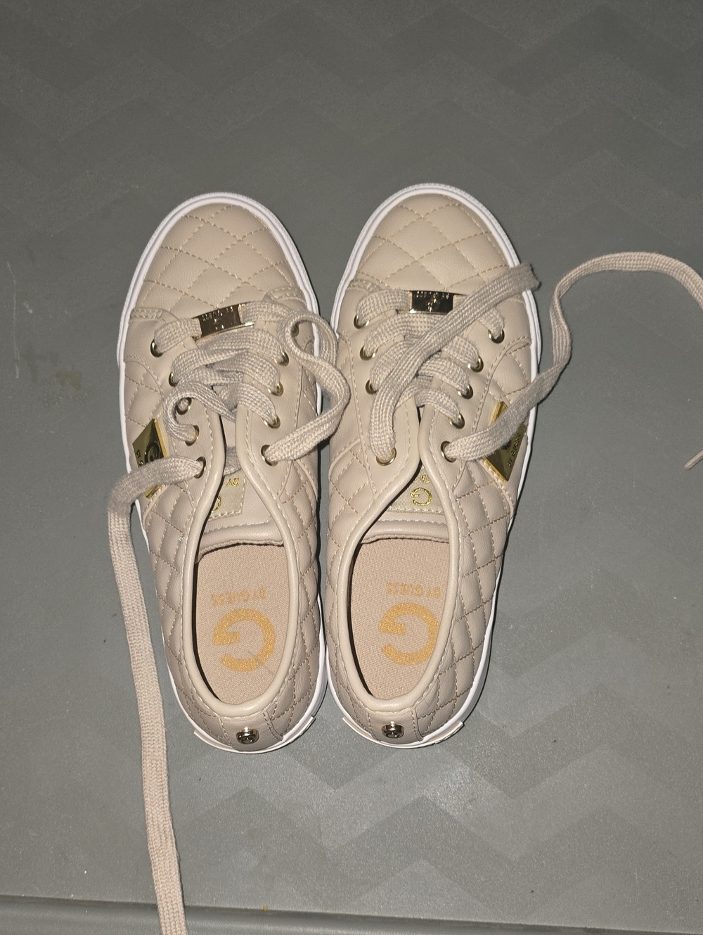 G by Guess Quilted Cream Low-Top Sneakers with Gold Accents